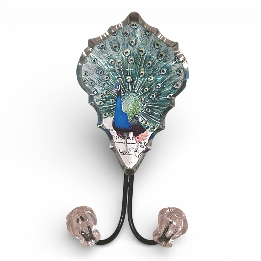 Pier 1 Double Wall Hook Peacock Blue Green Motif Key Ring Jacket Hanger Acrylic